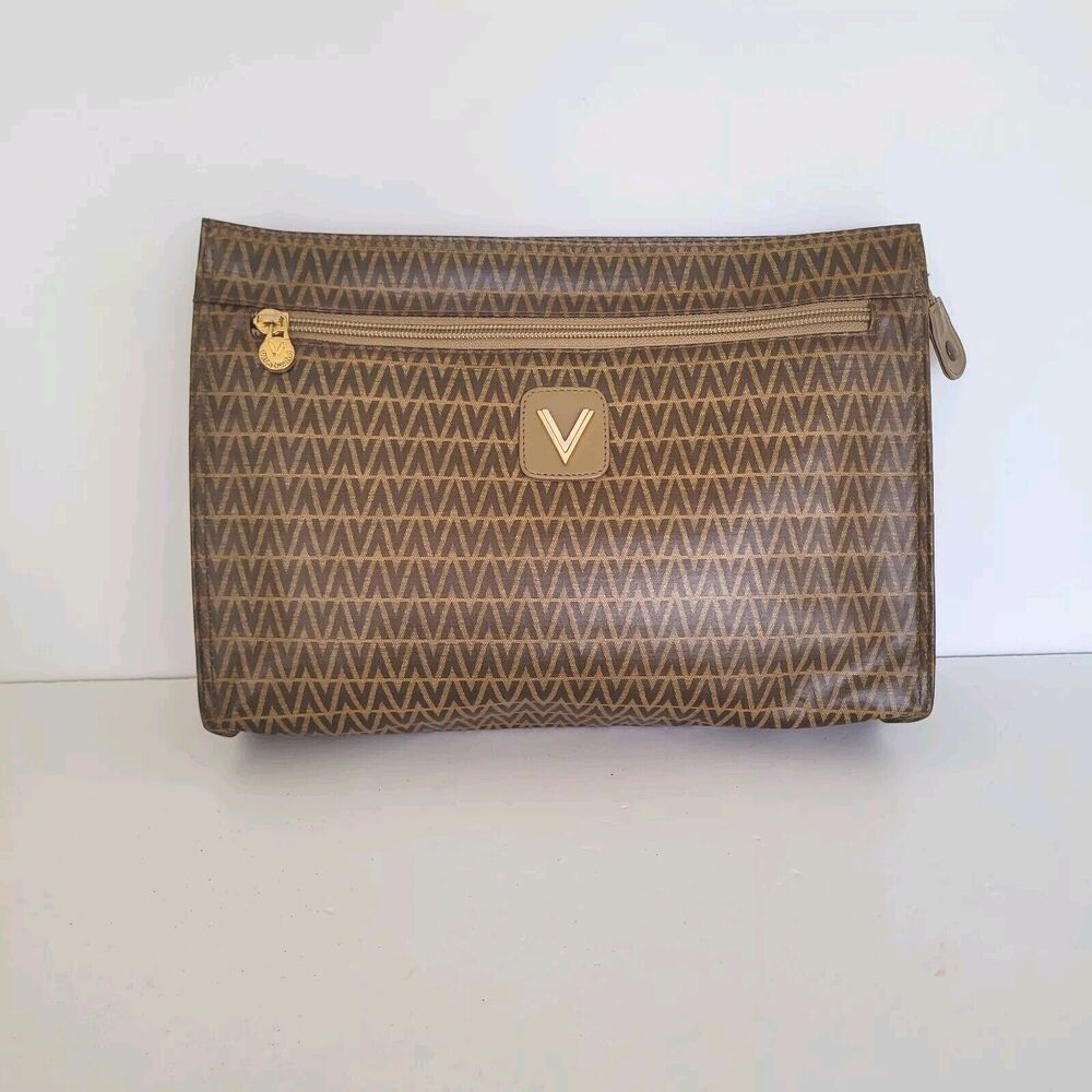 Mario Valentino Bag Clutch Pouch Vintage Handbag Zip‎ Designe Italian Brown Logo